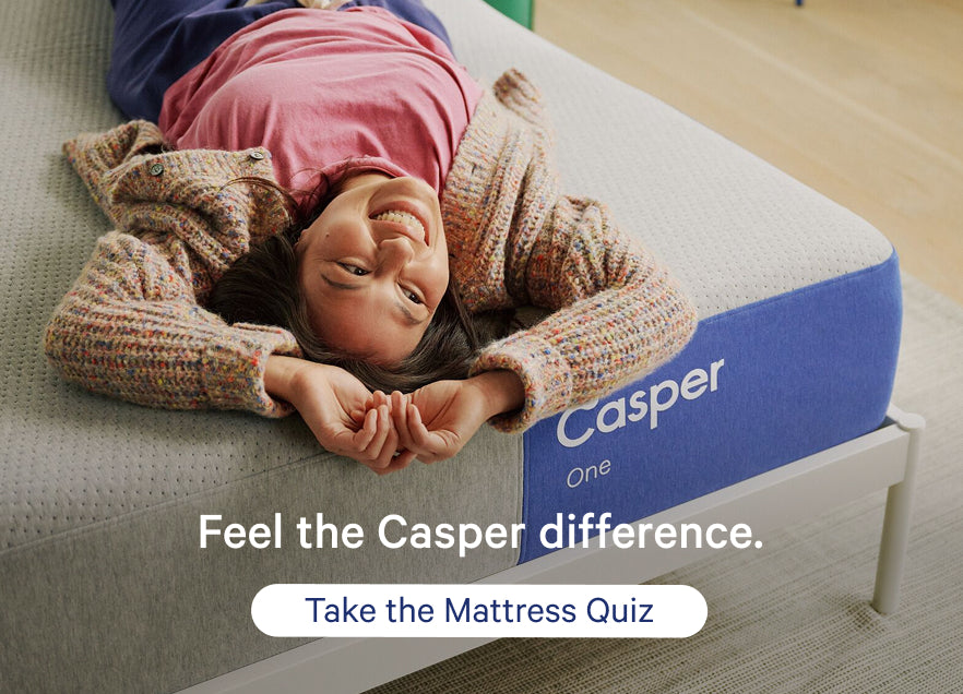 Person lying on a Casper® 金刚KINGKONG游戏官网 mattress with promotional text overlay that says "Feel the Casper® 金刚KINGKONG游戏官网 difference. Take the Mattress Quiz."